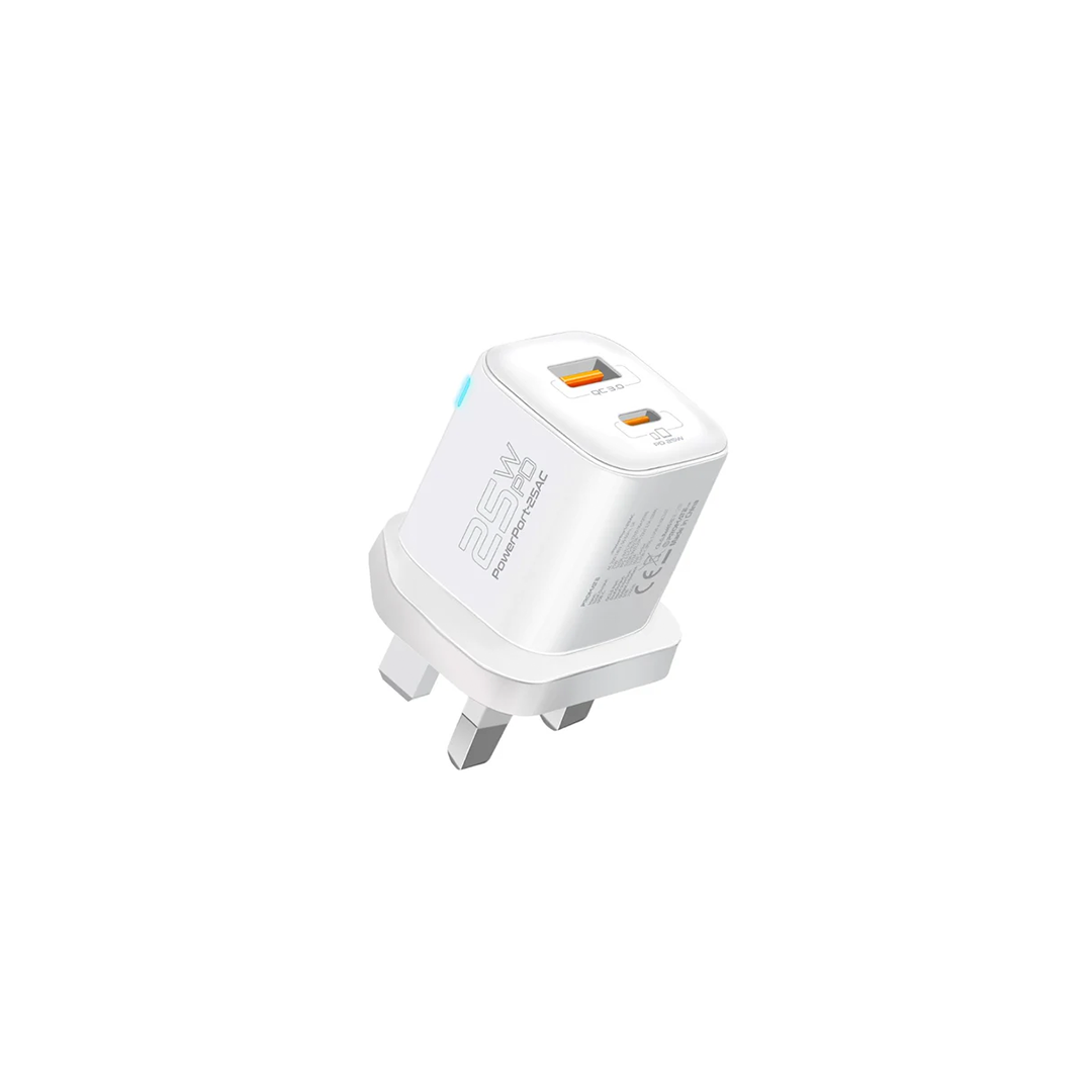 Promate PowerPort-25AC Ultra-Fast Dual Port AC Charger with 25W Power Delivery and QC 3.0 - White in Qatar