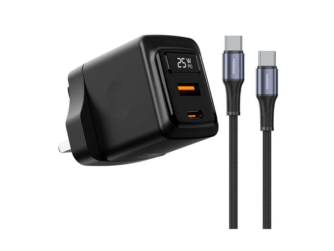 محول شاحن جداري ثنائي المنافذ (USB-A، USB-C) من نوع Porodo GaN بقوة 25 واط مع عرض الطاقة في الوقت الحقيقي - أسود (PDFWCH076CBK) محول شاحن جداري ثنائي المنافذ (USB-A، USB-C) من نوع Porodo GaN بقوة 25 واط مع عرض الطاقة في الوقت الحقيقي - أسود (PDFWCH076CBK)