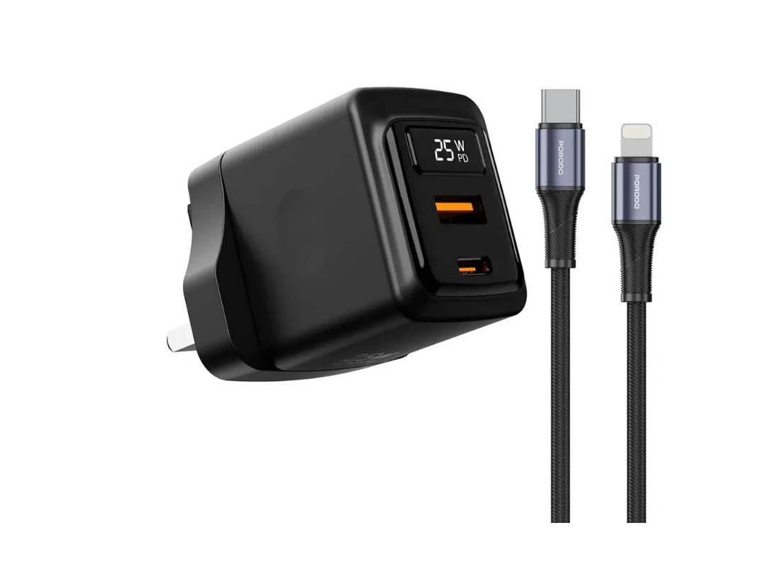محول شاحن جداري ثنائي المنافذ (USB-A، USB-C) من Porodo GaN بقوة 25 واط مع كابل USB C إلى Lightning بطول 1 متر وشاشة عرض الطاقة في الوقت الفعلي - أسود (PDFWCH076LBK) محول شاحن جداري ثنائي المنافذ (USB-A، USB-C) من Porodo GaN بقوة 25 واط مع كابل USB C إلى Lightning بطول 1 متر وشاشة عرض الطاقة في الوقت الفعلي - أسود (PDFWCH076LBK)