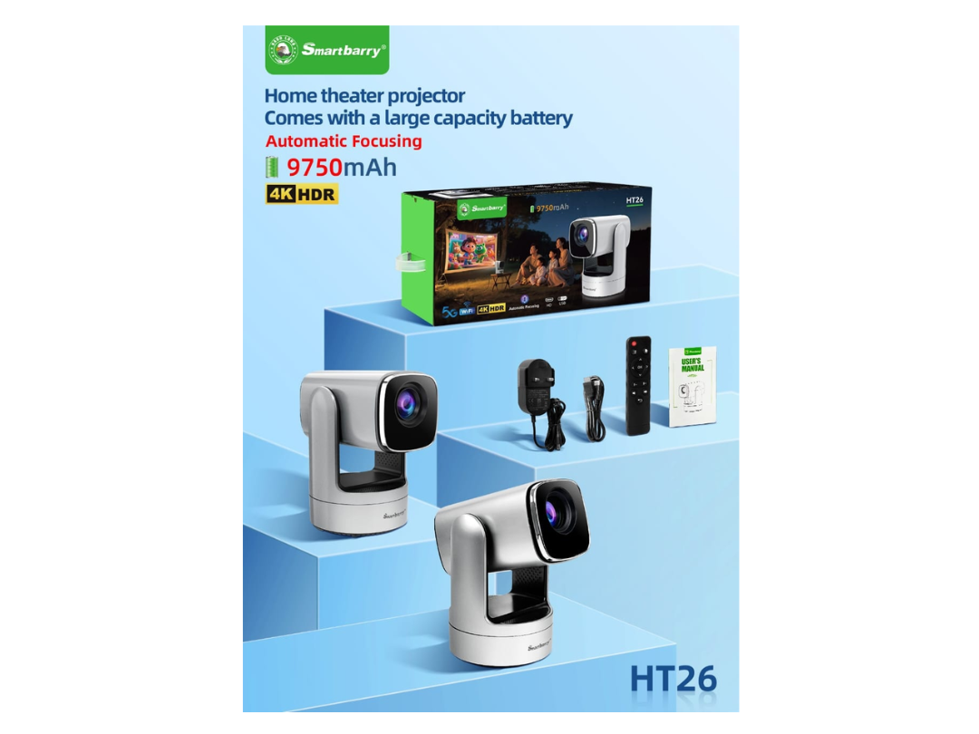 SmartBarry HT26 – 4K Home Theater Projector with 9750mAh Large-Capacity Battery