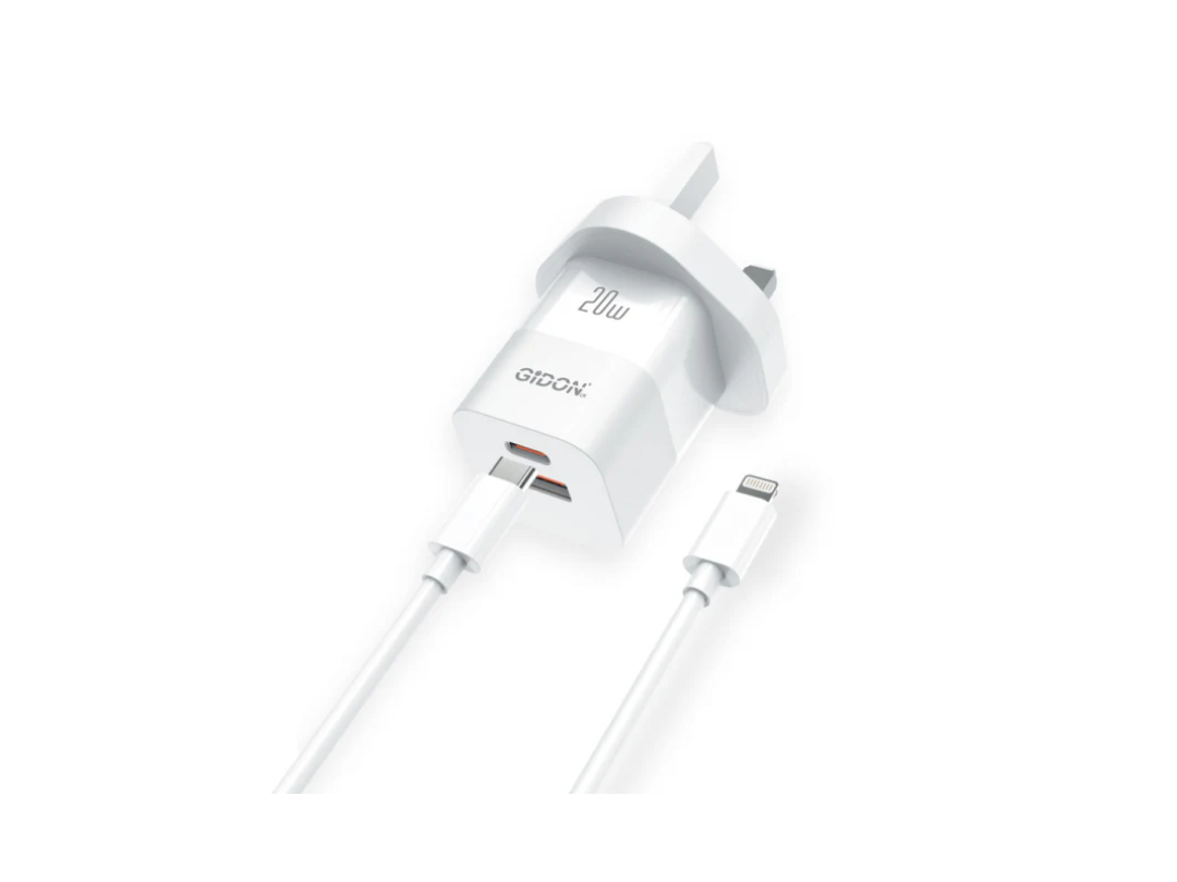 شاحن جيدون ثنائي المنافذ (منفذ USB من النوع C ومنفذ USB من النوع A) مع كابل من النوع C إلى Lightning، GD753