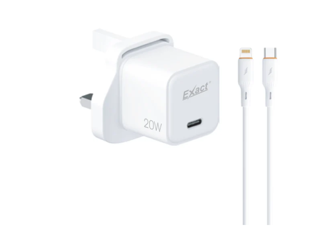 Exact 20W PD GaN Fast Charger Adapter with USB-C To Lightning Cable, EX1212- White Exact 20W PD GaN Fast Charger Adapter with USB-C To Lightning Cable, EX1212- White