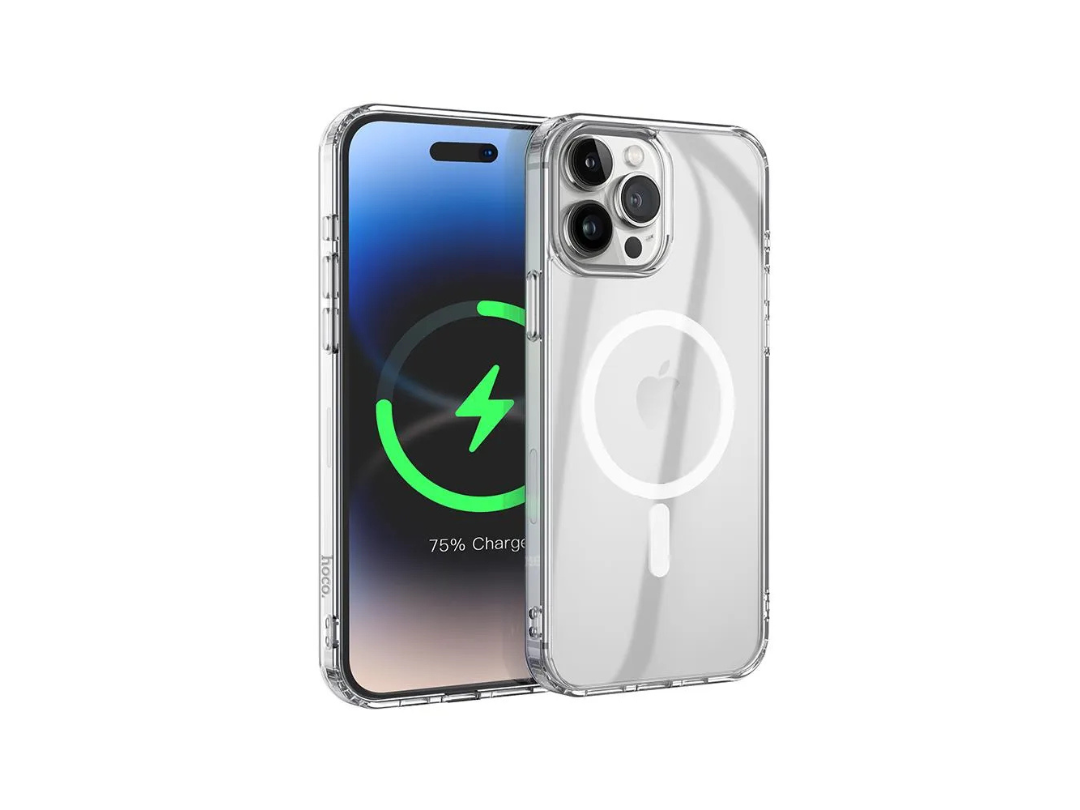 جراب شفاف من Hoco لهاتف iPhone 15 Pro مزود بوسادة هوائية مغناطيسية مضادة للسقوط وماج سيف