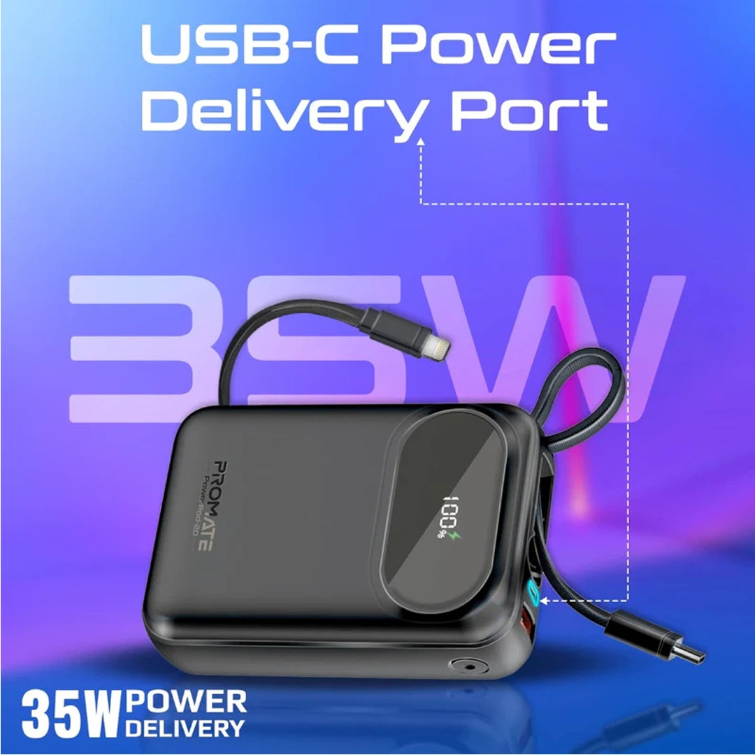 Promate PowerPod-20 20000mAh Ultra Compact 35W SuperSpeed™ Power Bank with Built-In USB-C & Lightning Cable