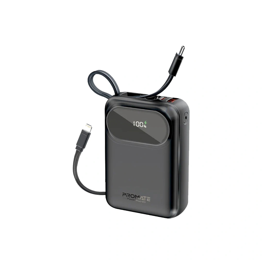 Promate PowerPod-20 20000mAh Ultra Compact 35W SuperSpeed™ Power Bank with Built-In USB-C & Lightning Cable