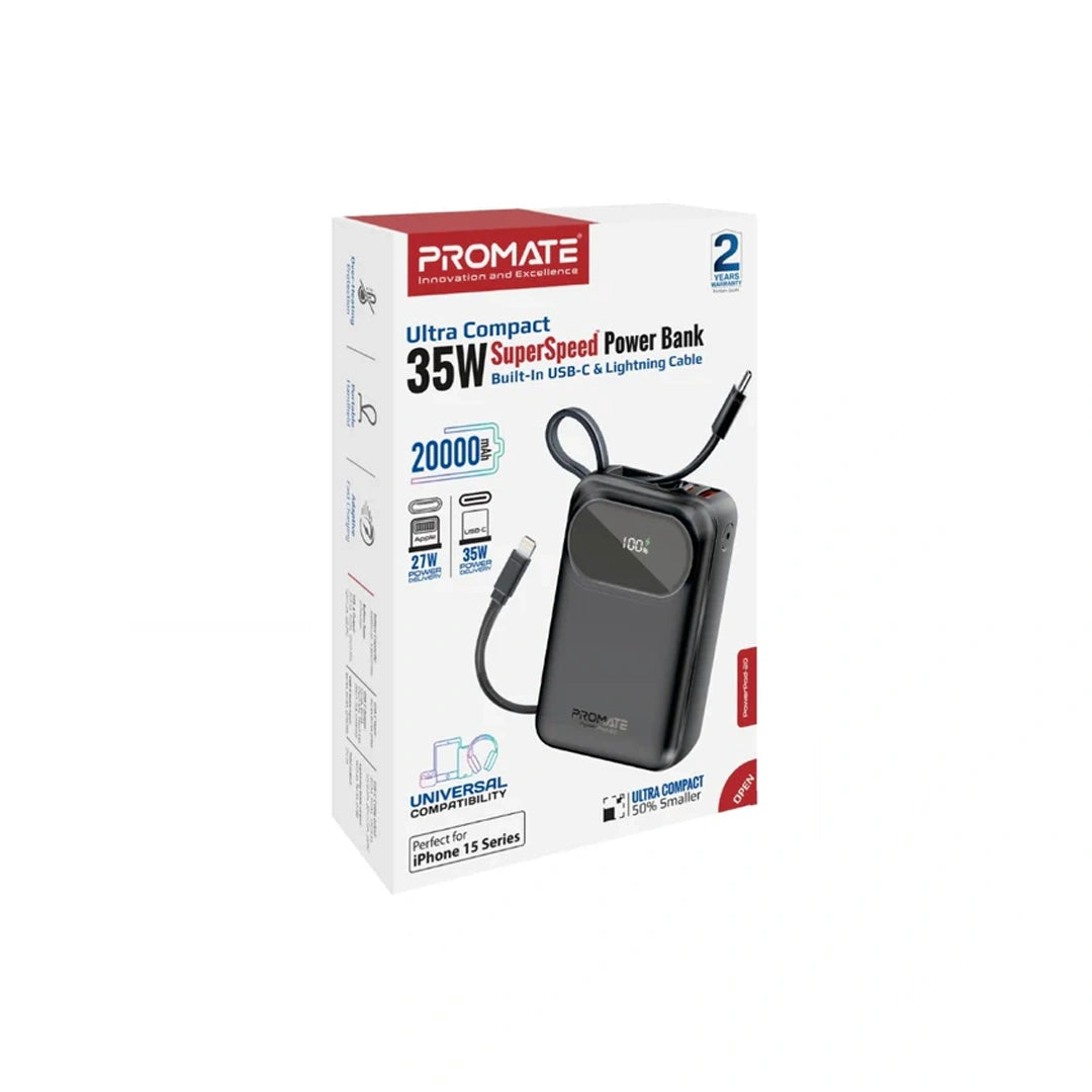 Promate PowerPod-20 20000mAh Ultra Compact 35W SuperSpeed™ Power Bank with Built-In USB-C & Lightning Cable