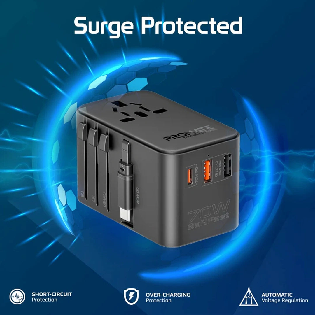 Promate 70W GaN Travel Adapter with Retractable Built-in USB-C Cable in Qatar