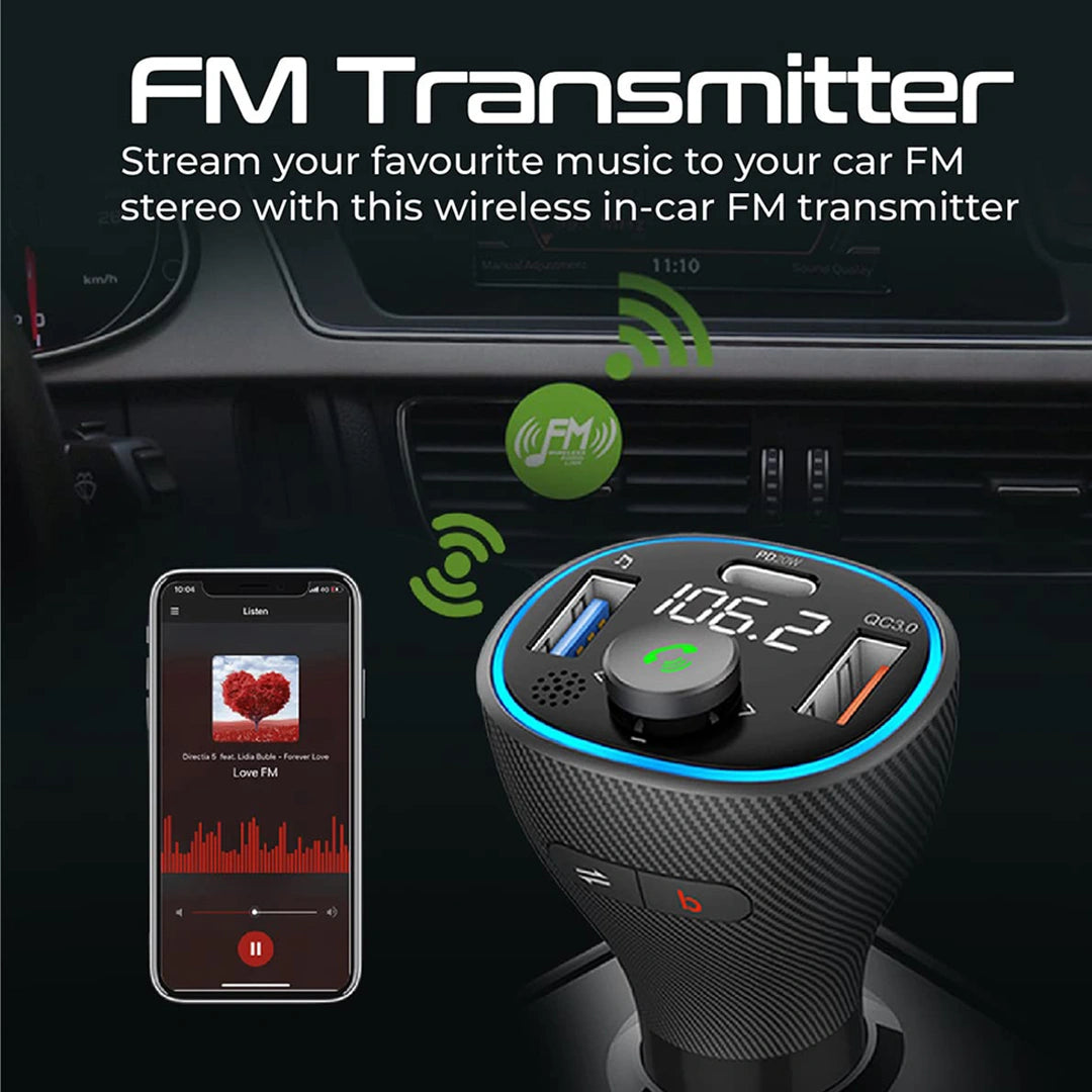 Promate PowerTune-38W - Wireless FM Transmitter - In-Car Bluetooth V5.1 Transmitter Car Kit with 20W USB-C Power Delivery in Qatar
