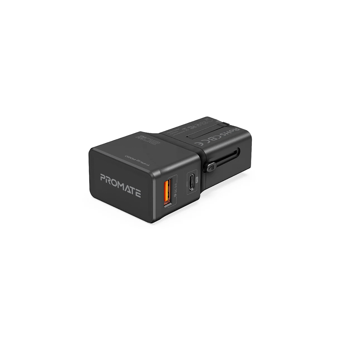 Promate TriPlug-PD20 Sleek Universal Travel Adapter with 20W Power Delivery & Quick Charge 3.0 - Black in Qatar