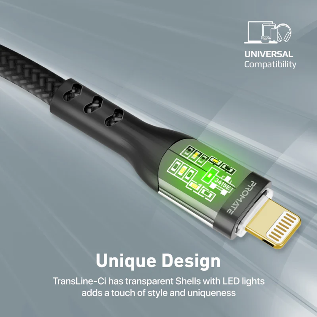 Promate USB C to Lightning with Transparent Shell 1.2 Meter Black in Qatar