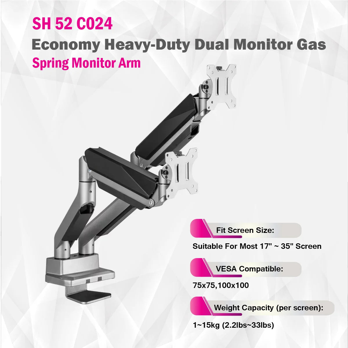 Skill Tech SH52 C024 | Economy Heavy-Duty Dual Monitor Gas Spring Monitor Arm