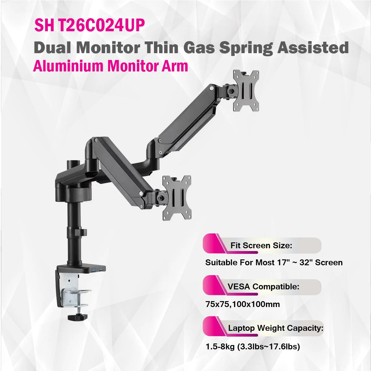 Skill Tech SHT26 C024UP | Dual Monitor Thin Gas Spring Assisted Aluminium Monitor Arm