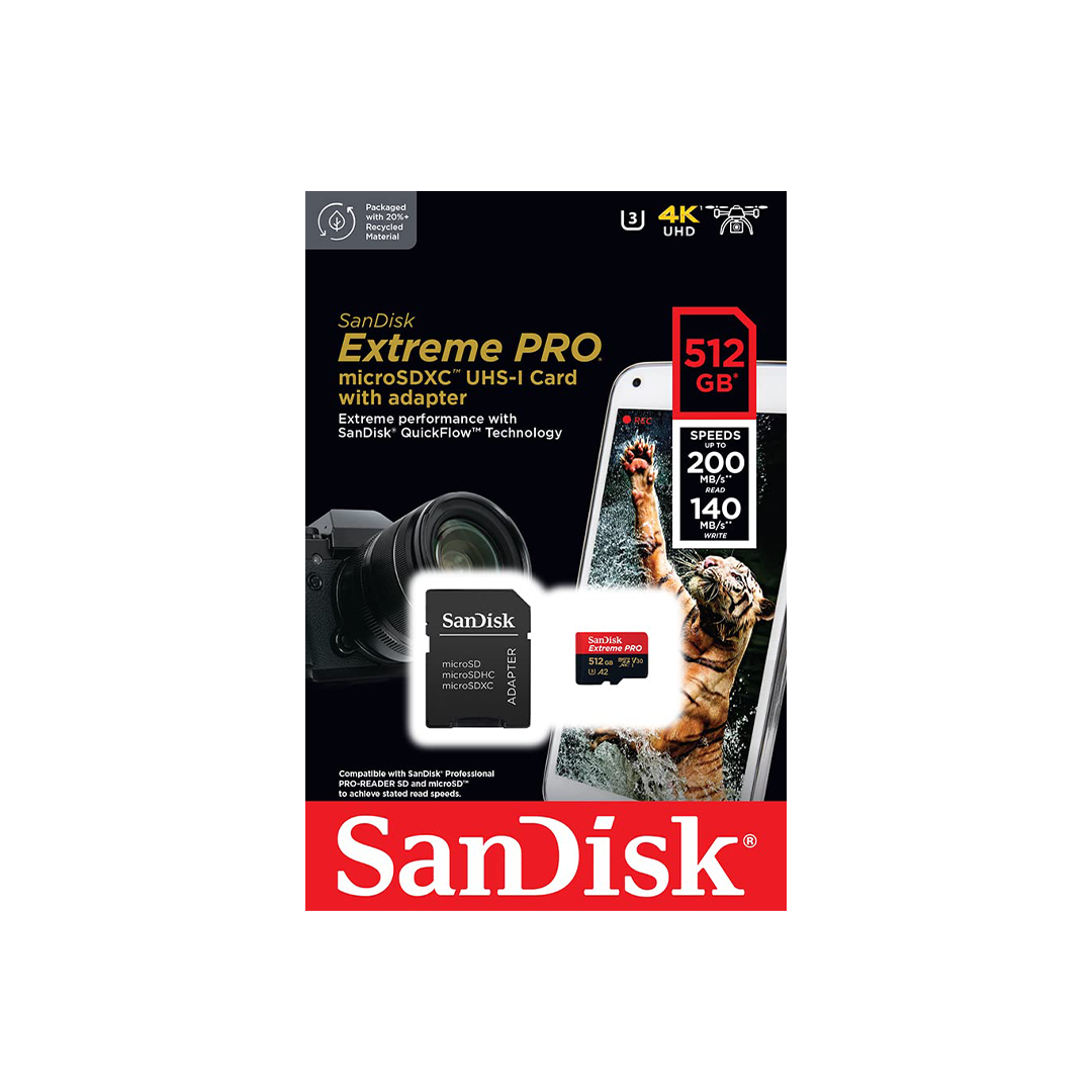 SanDisk Extreme Pro 512GB microSDXC UHS-I, V30, 200MB/s Read, 140MB/s Write, Memory Card for 4K Video on Smartphones, Action Cams and Drones