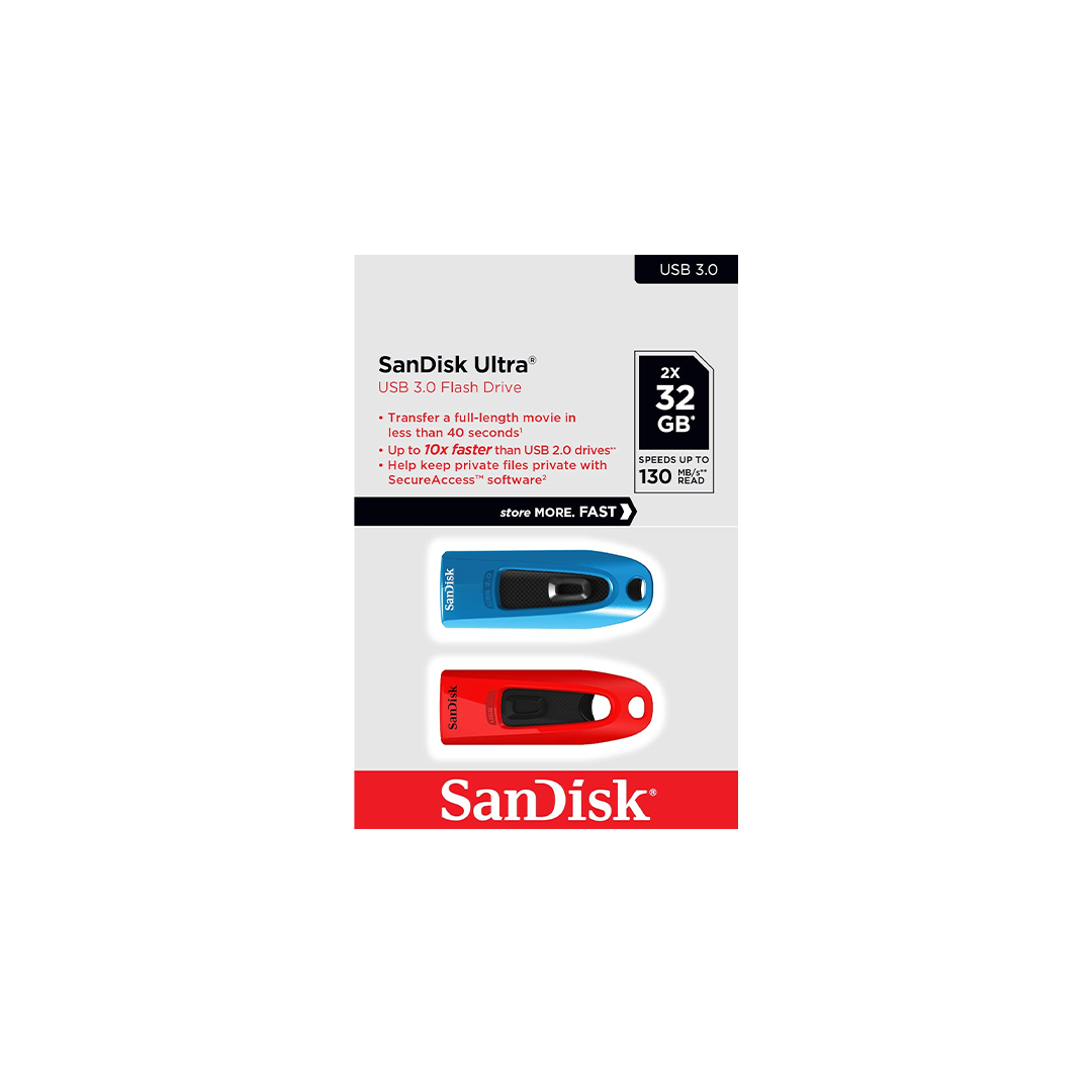 Sandisk Ultra USB 3.0 Flash Drive, CZ48 32GB, USB3.0, Dual Pack, Blue, Red, Stylish SLE, Blue/red