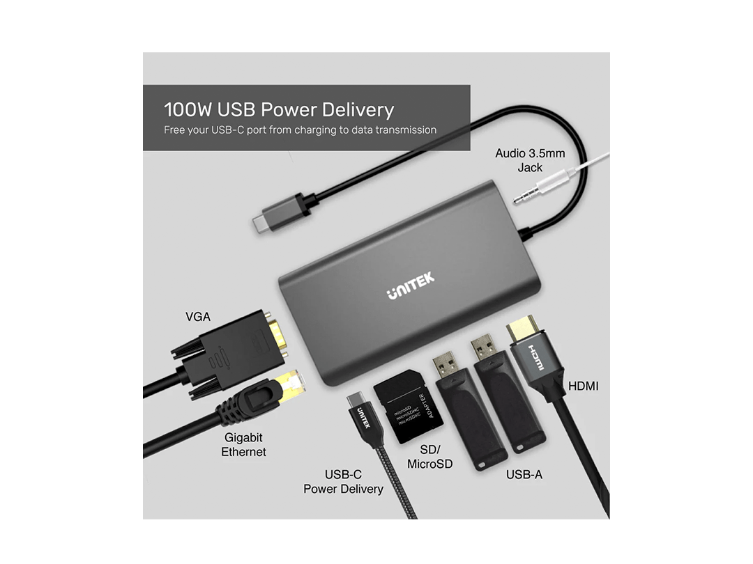 Unitek uHUB O8+ 8-in-1 USB-C Dual Display Hub with USB 5Gbps and PD 100W Charging in Qatar