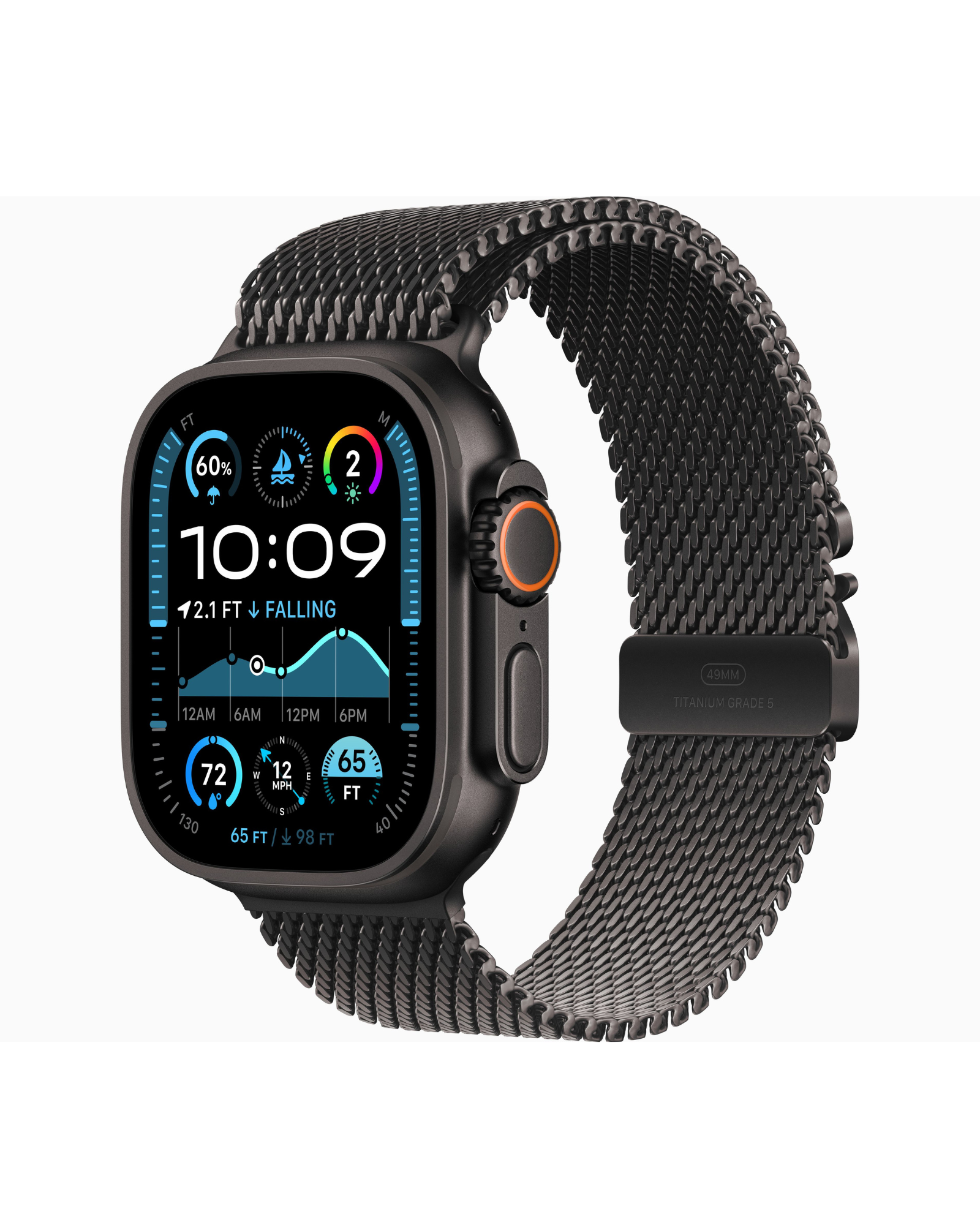 ساعة Apple Watch Ultra 2 GPS + Cellular مقاس 49 مم هيكل من التيتانيوم الأسود مع حلقة ميلانيزي من التيتانيوم الأسود