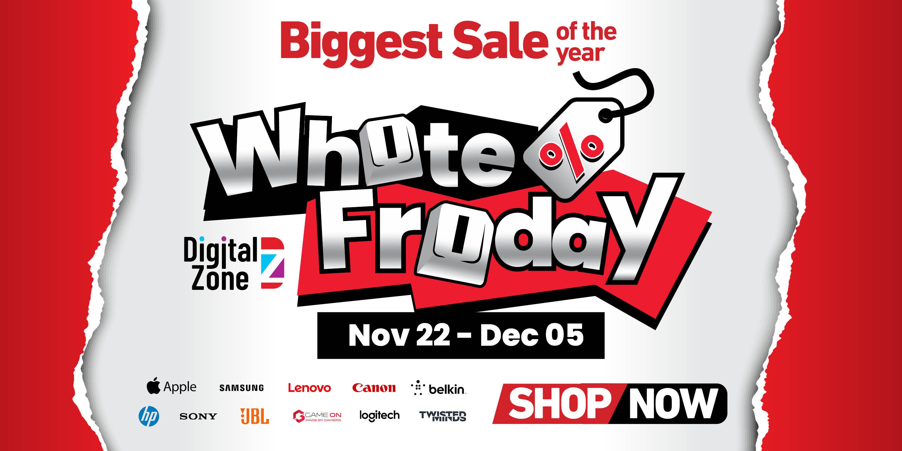 Digital Zone White Friday sale advertisement with various brand logos on a red and white background.