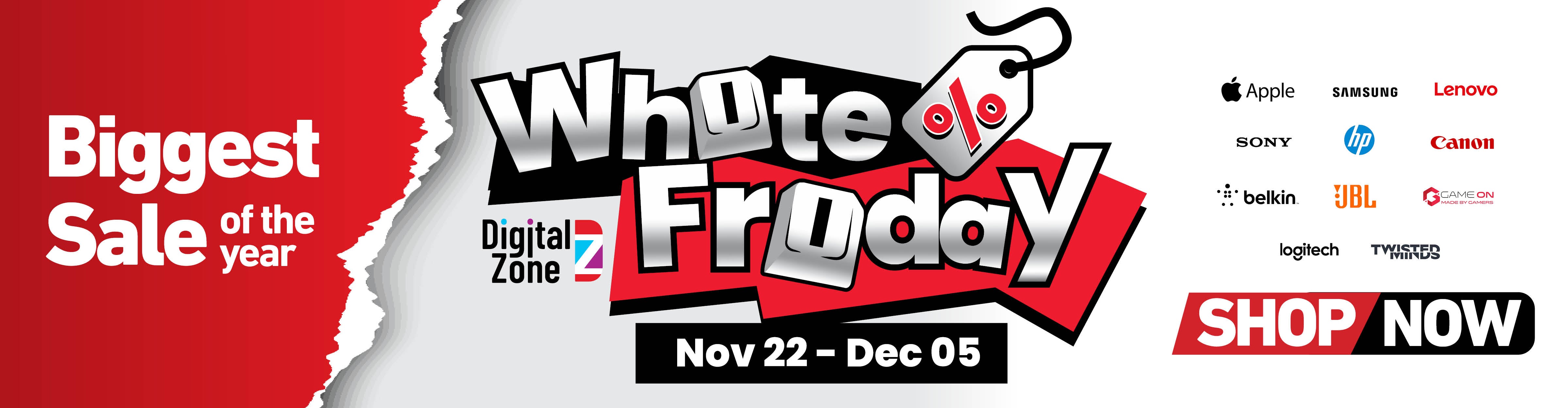 Digital Zone White Friday sale banner with various brand logos.