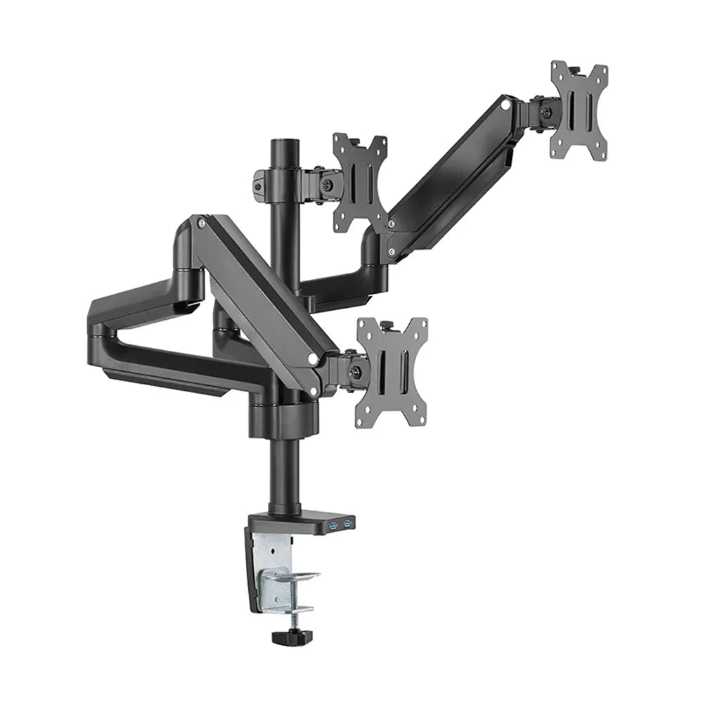 Skill Tech SH26 C036UP | Triple Monitor Pole-Mounted Thin Gas Spring Monitor Arm With USB Ports