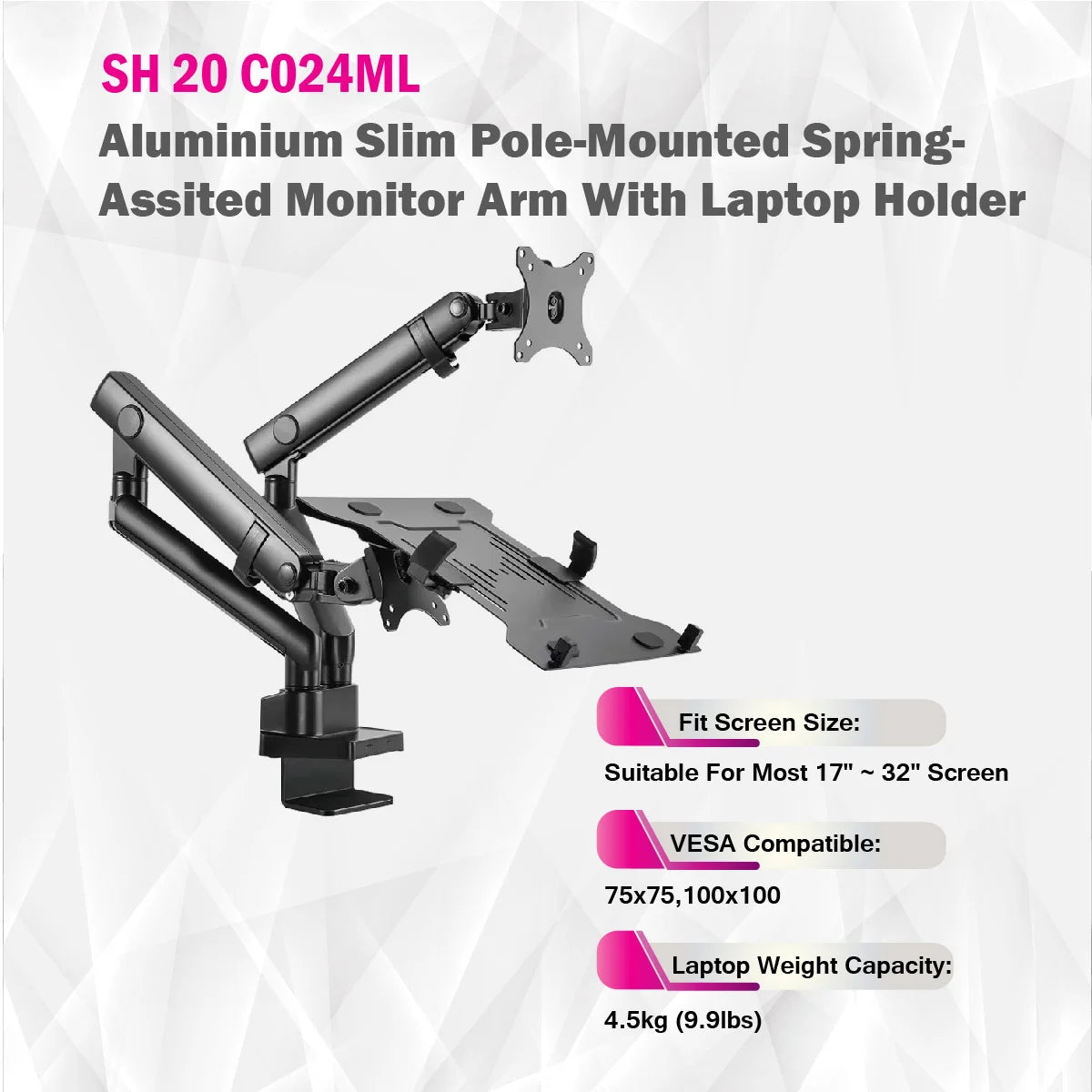 Skill Tech SH20 C024ML | Aluminium Slim Pole-Mounted Spring-Assisted Monitor Arm With Laptop Holder