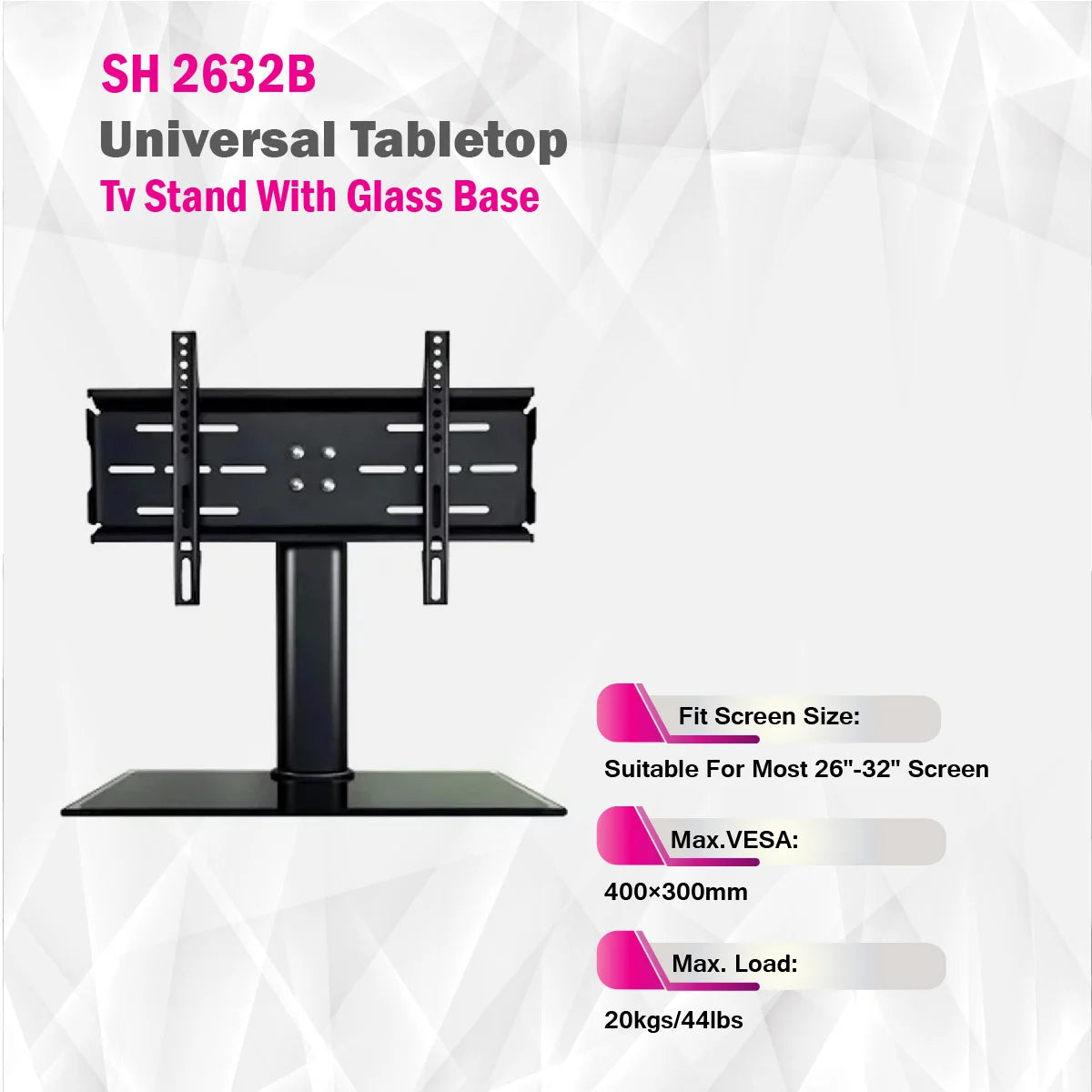 SkillTech -SH 2632B -Universal Tabletop Tv Stand With Glass Base Ergonomic Mount