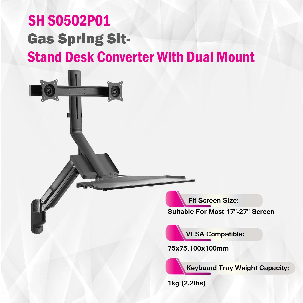 Skill Tech SHS05 W02 | Gas Spring Sit-Stand Desk Converter With Dual Mount Ergonomic Mount