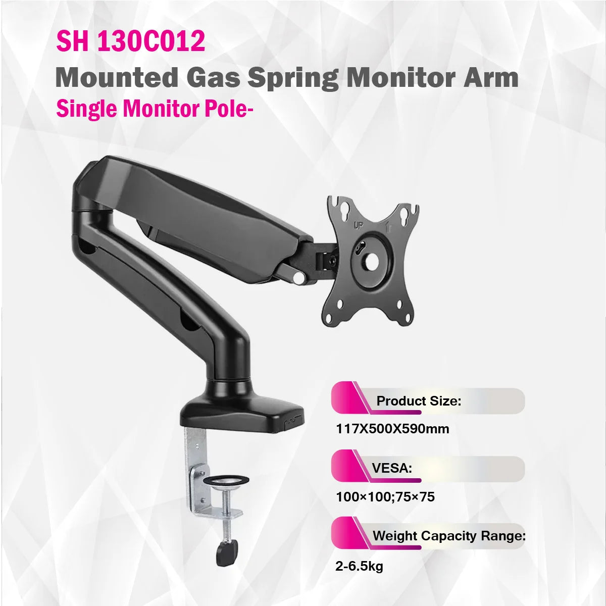 SkillTech -  SH130 C012 - Single Monitor Pole-Mounted Gas Spring Monitor Arm