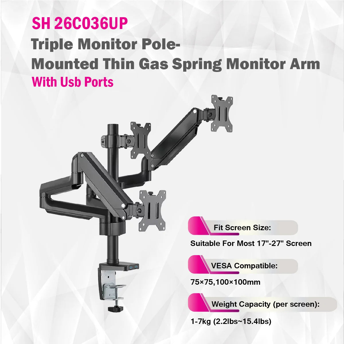 Skill Tech SH26 C036UP | Triple Monitor Pole-Mounted Thin Gas Spring Monitor Arm With USB Ports