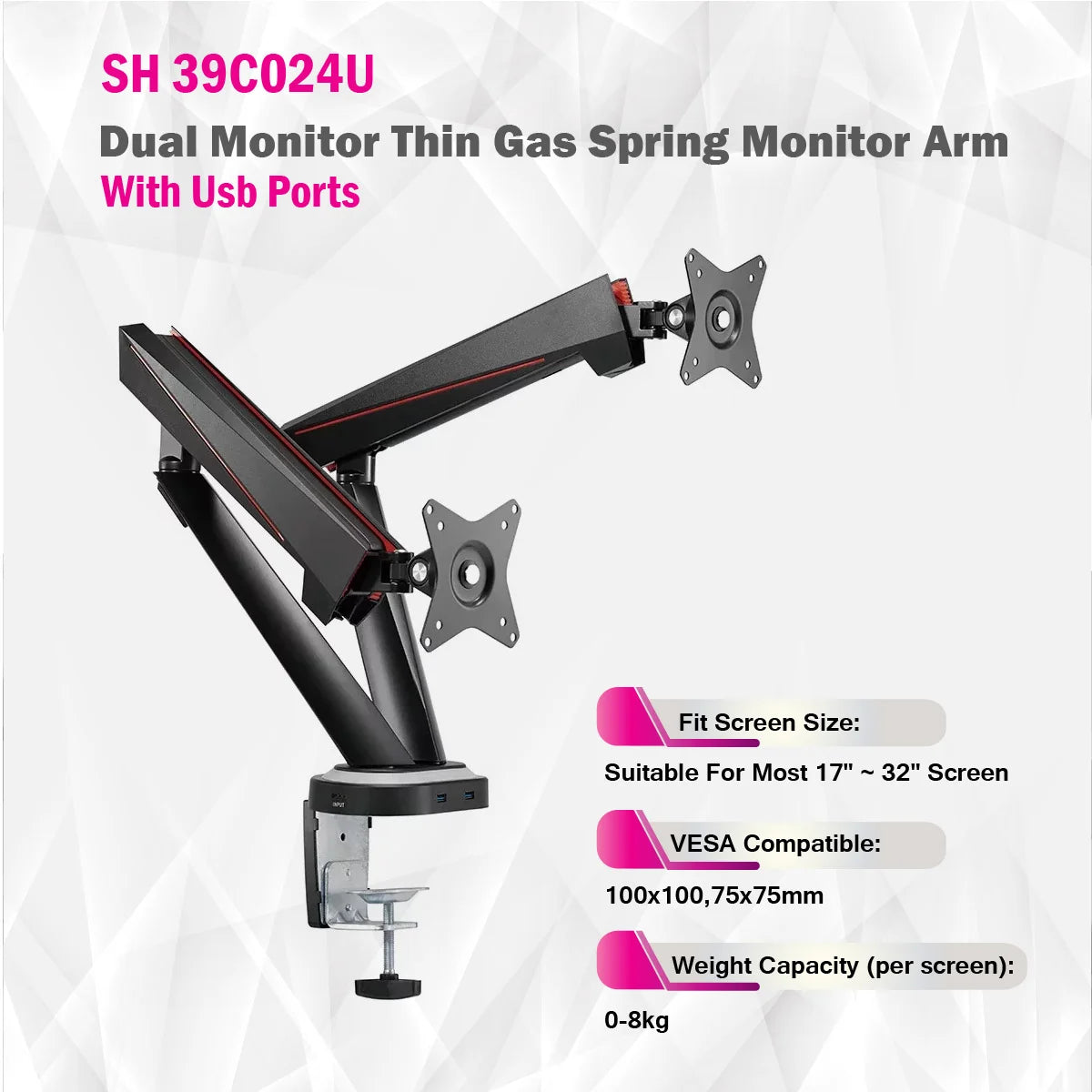 Skill Tech SH39 C024U | Dual Monitor Thin Gas Spring Monitor Arm With USB Ports