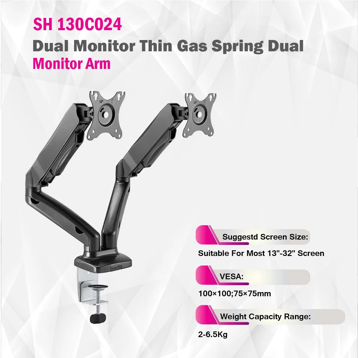Skill Tech SH130 C024 | Dual Monitor Thin Gas Spring Dual Monitor Arm
