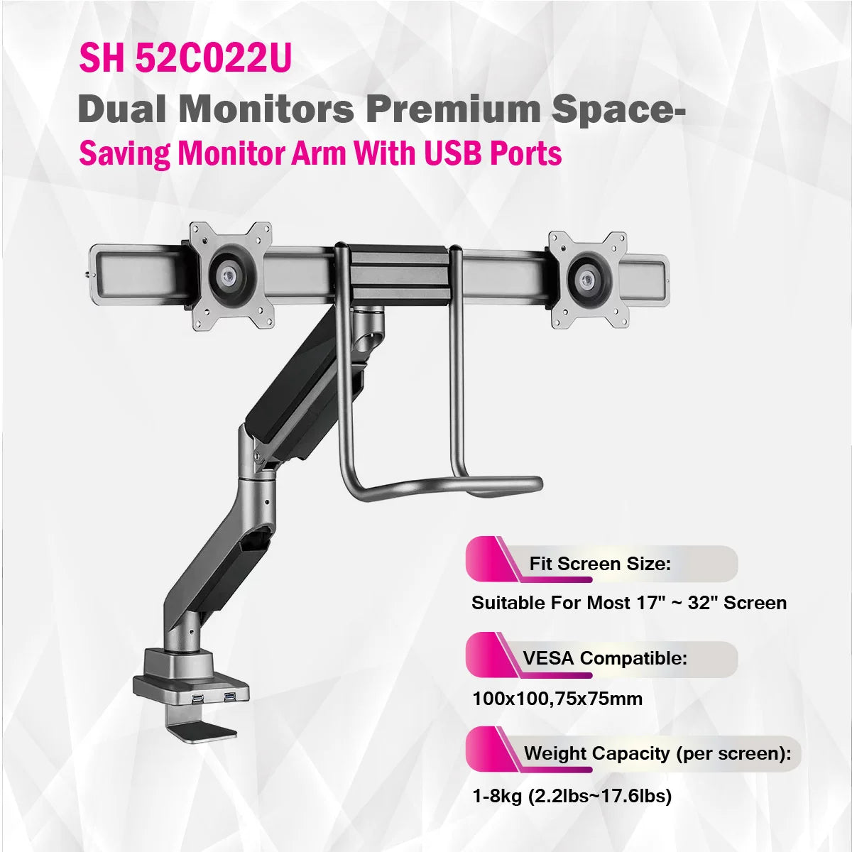 Skill Tech SH52 C022U | Dual Monitors Premium Space-Saving Monitor Arm With USB Ports