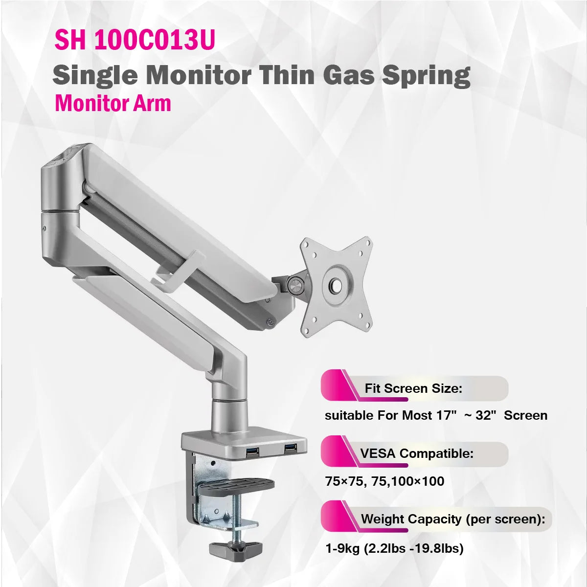 SkillTech - SH100 C013U - Single Monitor Thin Gas Spring Monitor Arm