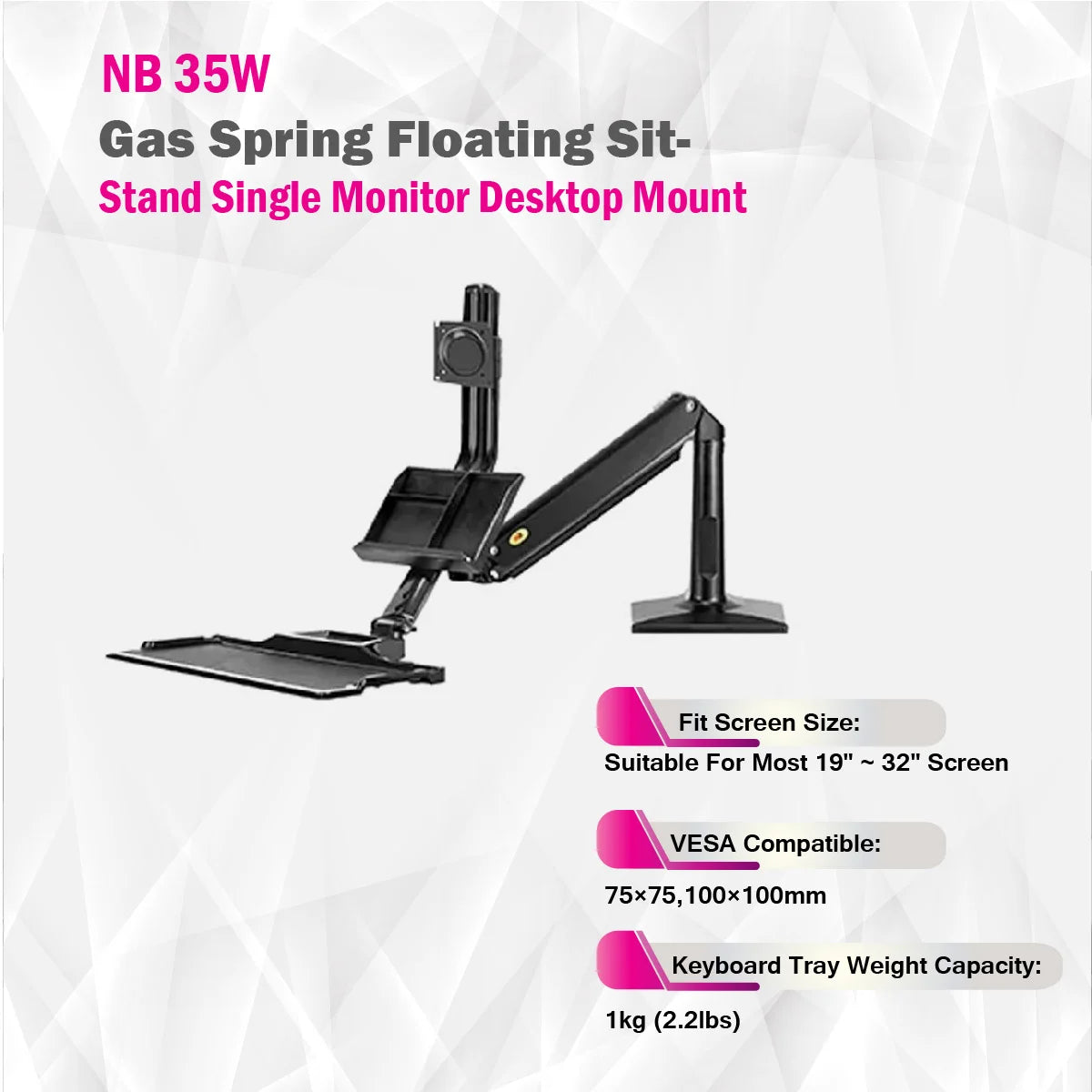 Skill Tech NB 35W | Gas Spring Floating Sit-Stand Single Monitor Desktop Mount