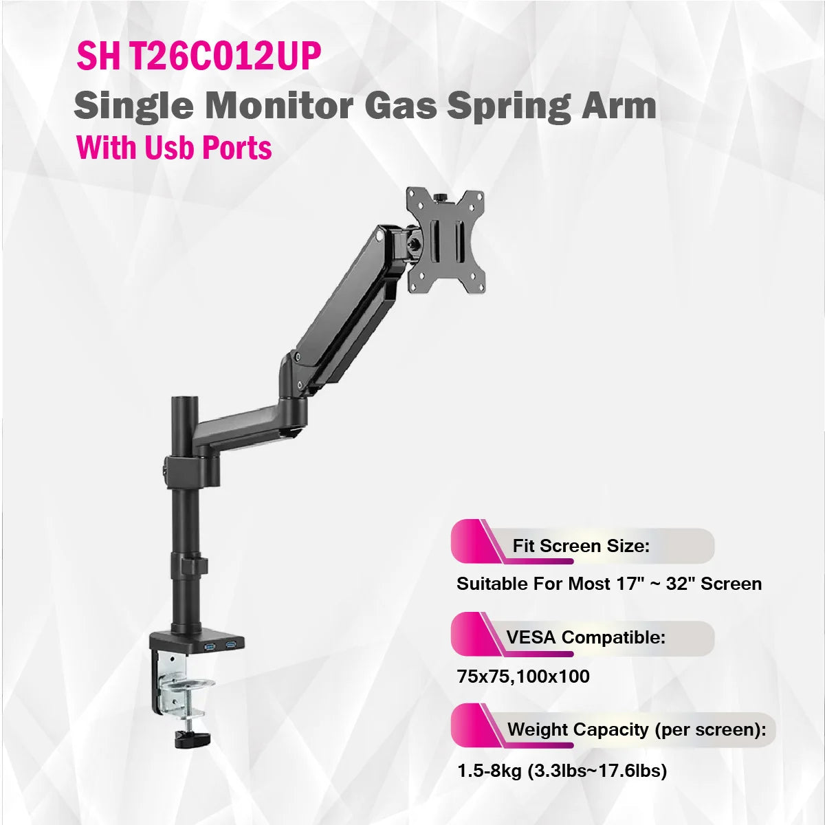 SkillTech - SHT26 C012UP - Single Monitor Gas Spring Monitor Arm With Usb Ports