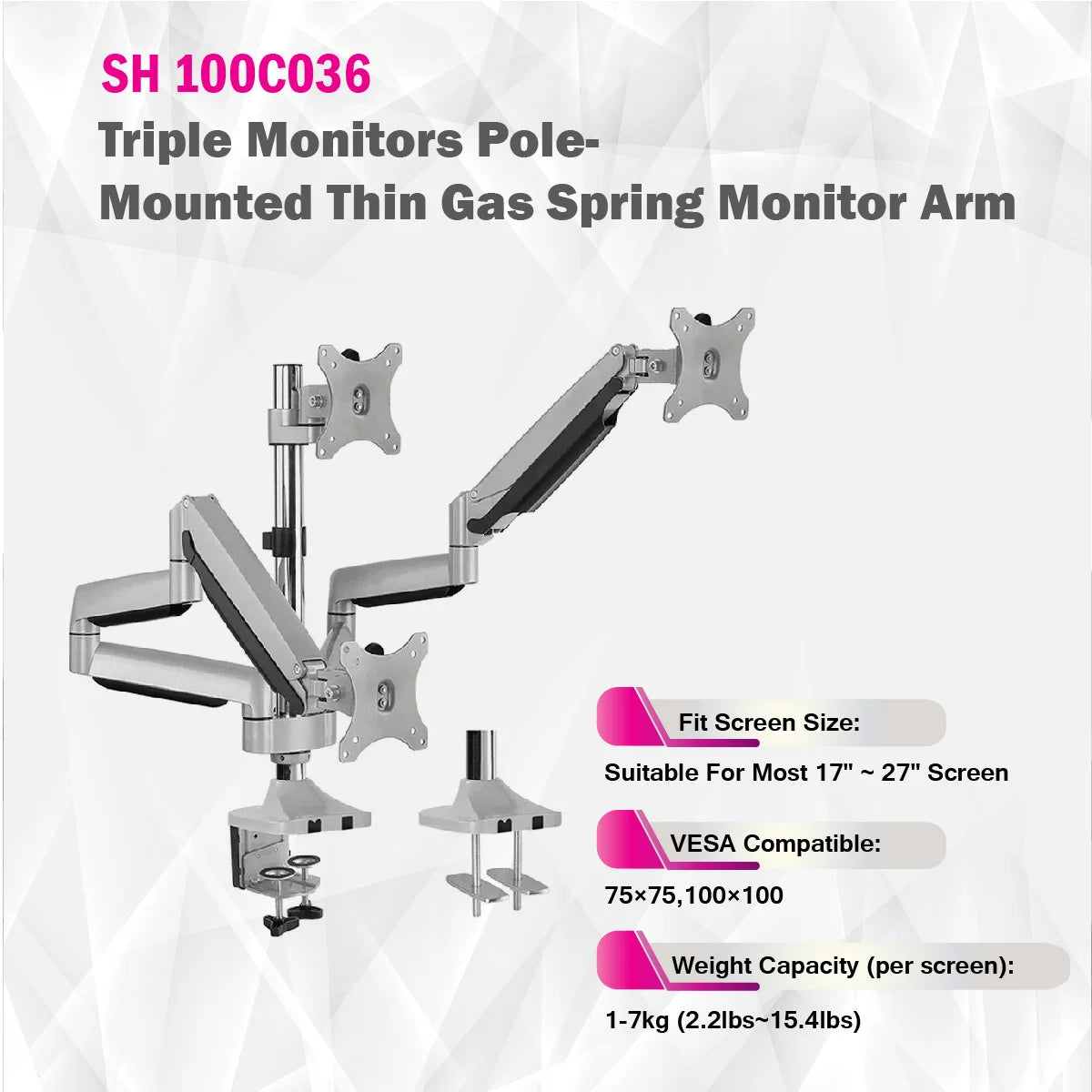Skill Tech SH100 C036 | Triple Monitors Pole-Mounted Gas Spring Assisted Monitor Arm