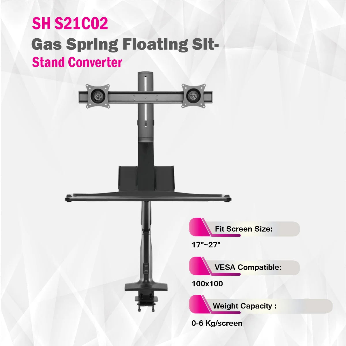 Skill Tech SHS21 C02 | Gas Spring Floating Sit-Stand Converter Ergonomic Mount