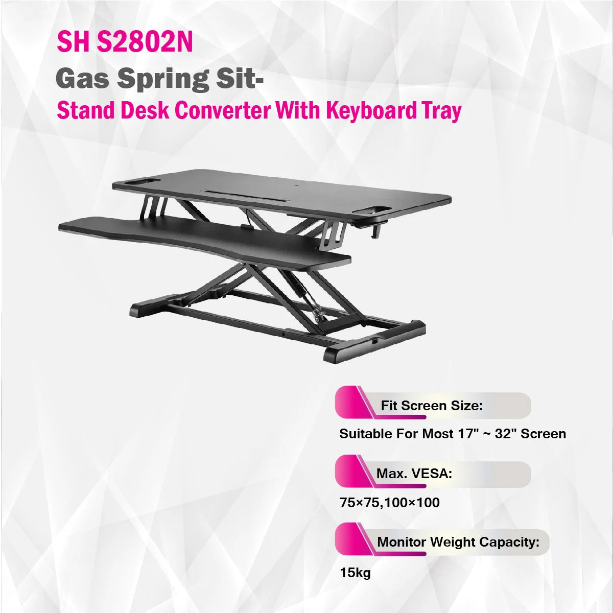Skill Tech SHS28 02N | Gas Spring Sit-Stand Desk Converter With Keyboard Tray Ergonomic Mount