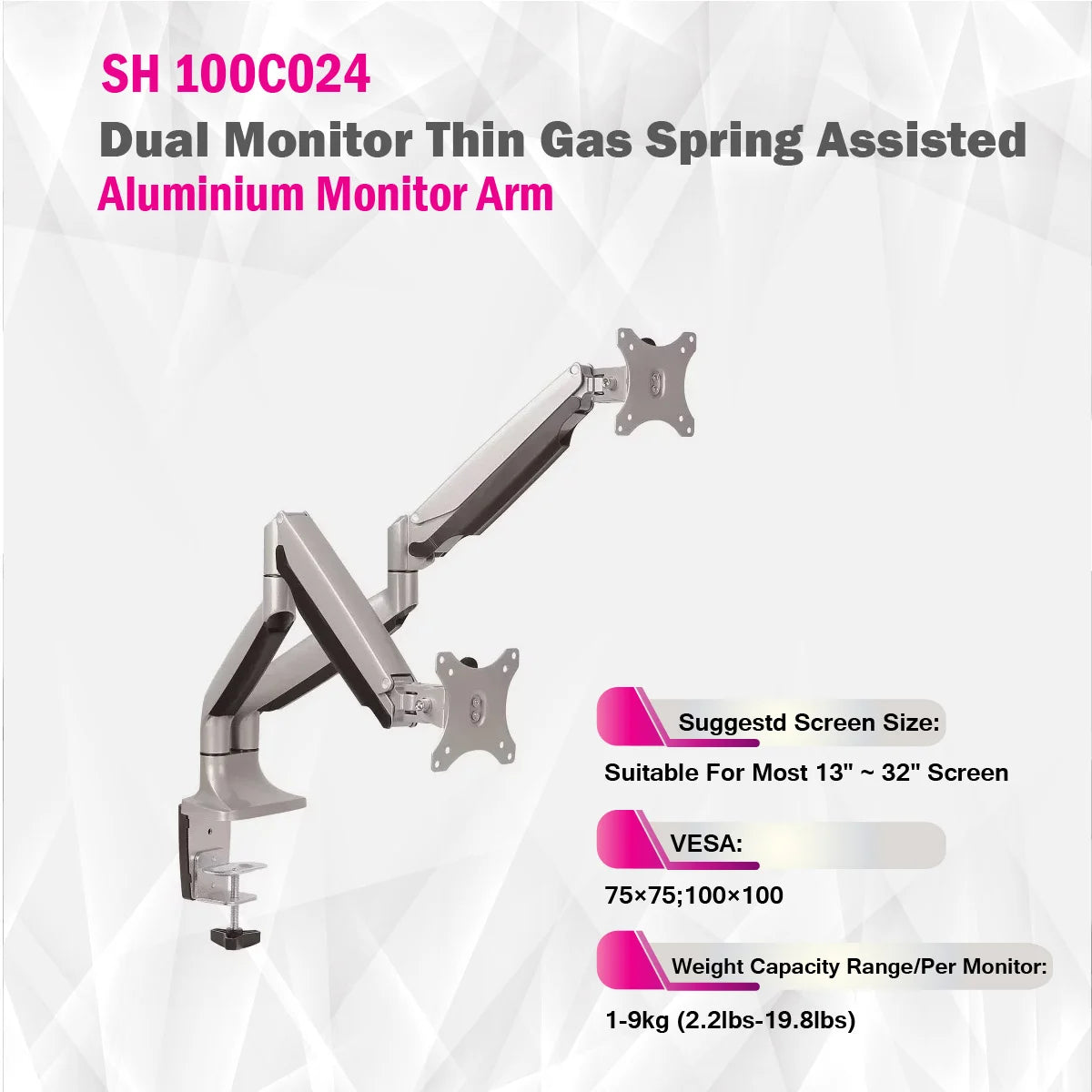 Skill Tech SH100 C024 | Dual Monitor Thin Gas Spring Assisted Aluminium Monitor Arm