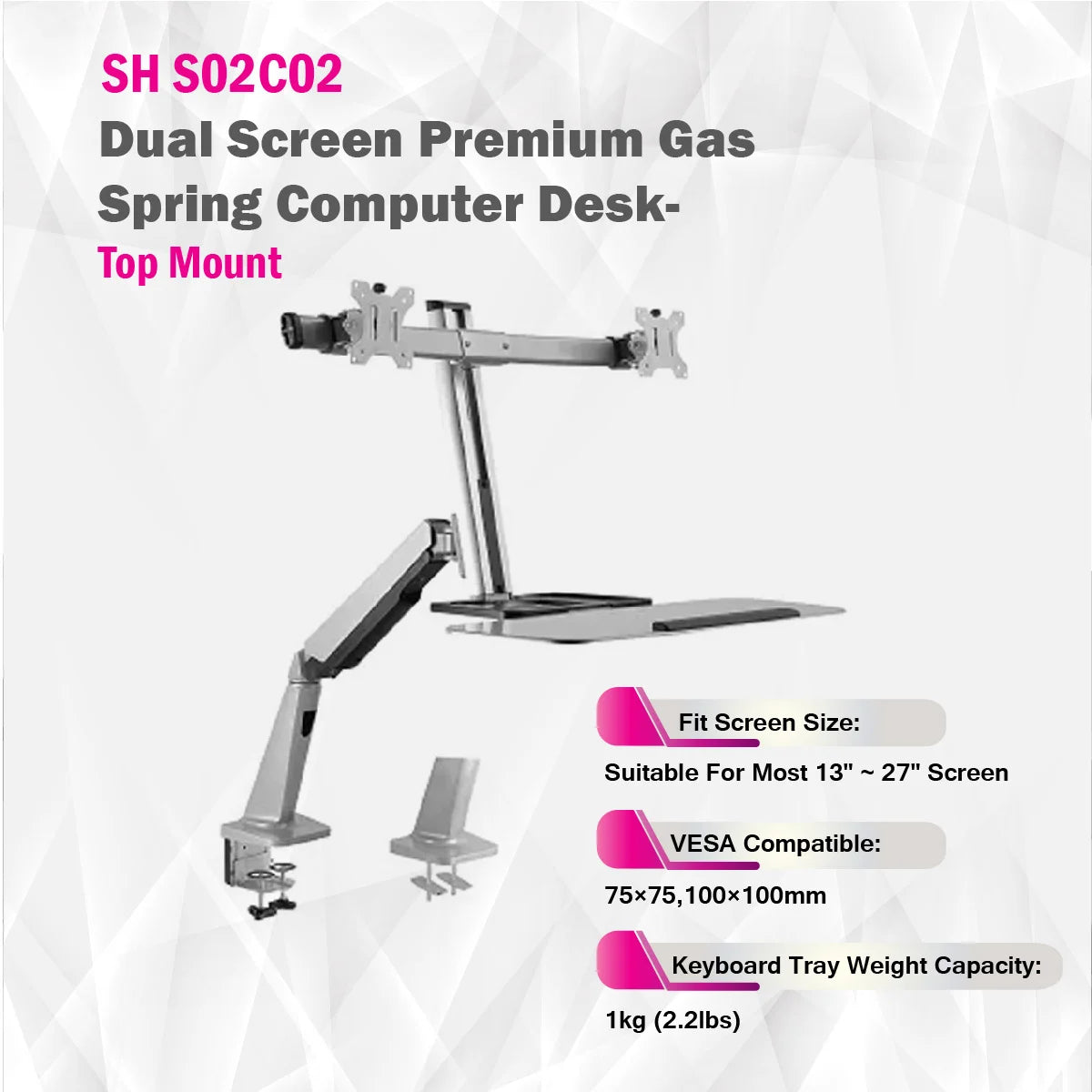 Skill Tech SHS02 C02 | Dual Screen Premium Gas Spring Computer Desk-Top Mount