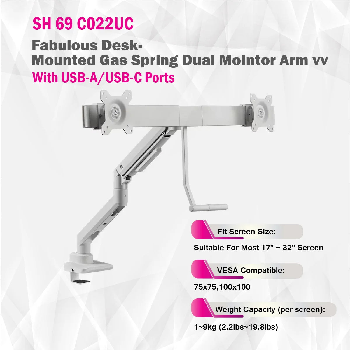 Skill Tech SH69 C022UC | Fabulous Desk-Mounted Gas Spring Dual Monitor Arm With USB-A/USB-C Ports