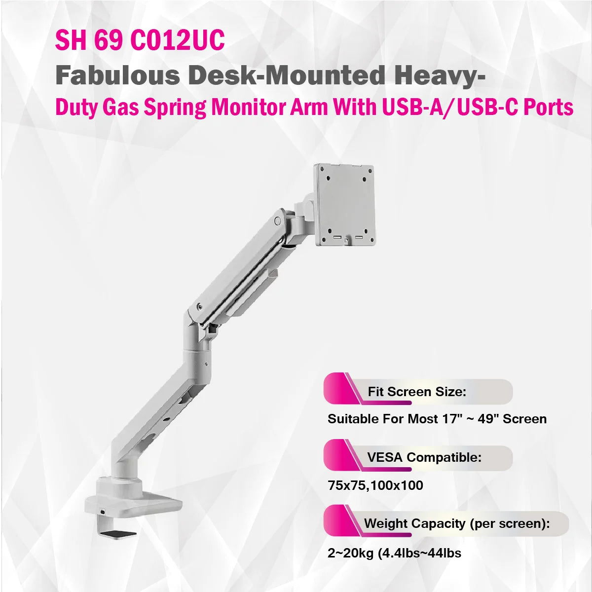 SkillTech - SH69 C012UC - Desk-Mounted Heavy-Duty Gas Spring Monitor Arm With USB-A/USB-C Ports