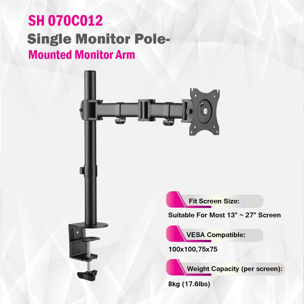 SkillTech - SH070 C012 - Single Monitor Pole-Mounted Monitor Arm