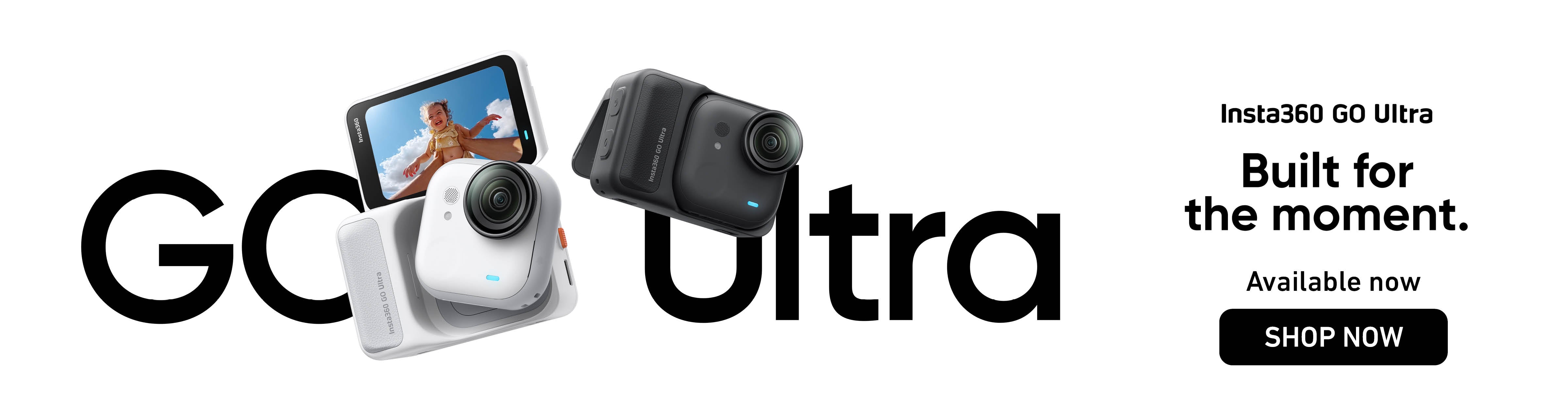 Advertisement for Insta360 GO Ultra camera with promotional text and 'SHOP NOW' button.