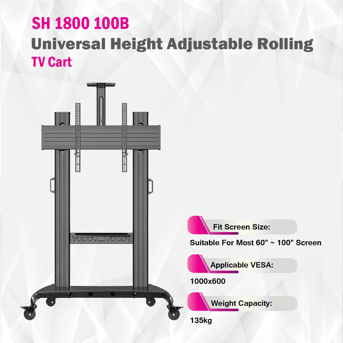 Skilltech -SH 1800 100B- Universal Height Adjustable Rolling Tv Stand