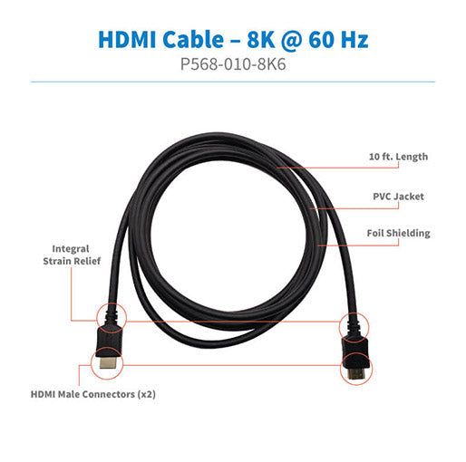 Tripp Lite 8K HDMI Cable (M/M) – 8K 60 Hz, Dynamic HDR, 4:4:4, HDCP 2.2, Black, 10 ft.