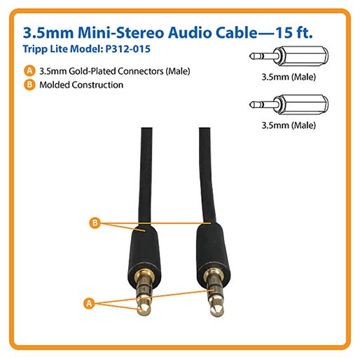 Tripp Lite 3.5mm Mini Stereo Audio Cable for Microphones, Speakers and Headphones (M/M), 15 ft. (4.57 m)